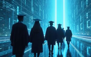 Group of graduates walk through digital futuristic city. Illustration represents education innovation, future careers. Symbolizes e-learning transformation artificial intelligence tech progress.