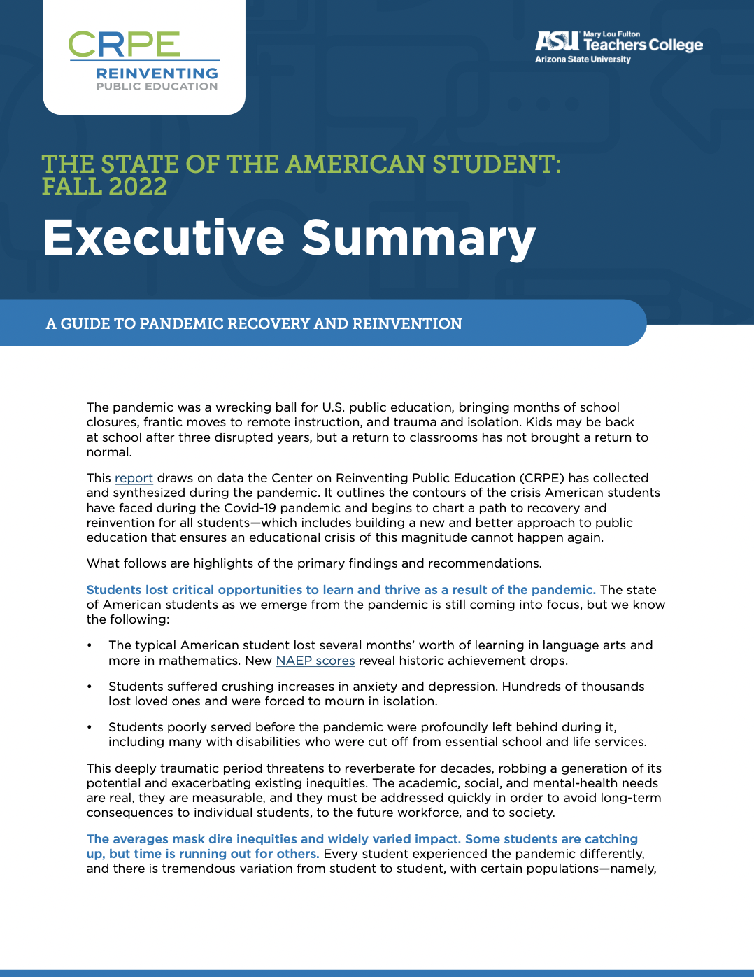 The State of the American Student: Fall 2022 Executive Summary – Center on  Reinventing Public Education