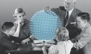 1950s children gather around a futuristic spinning globe.